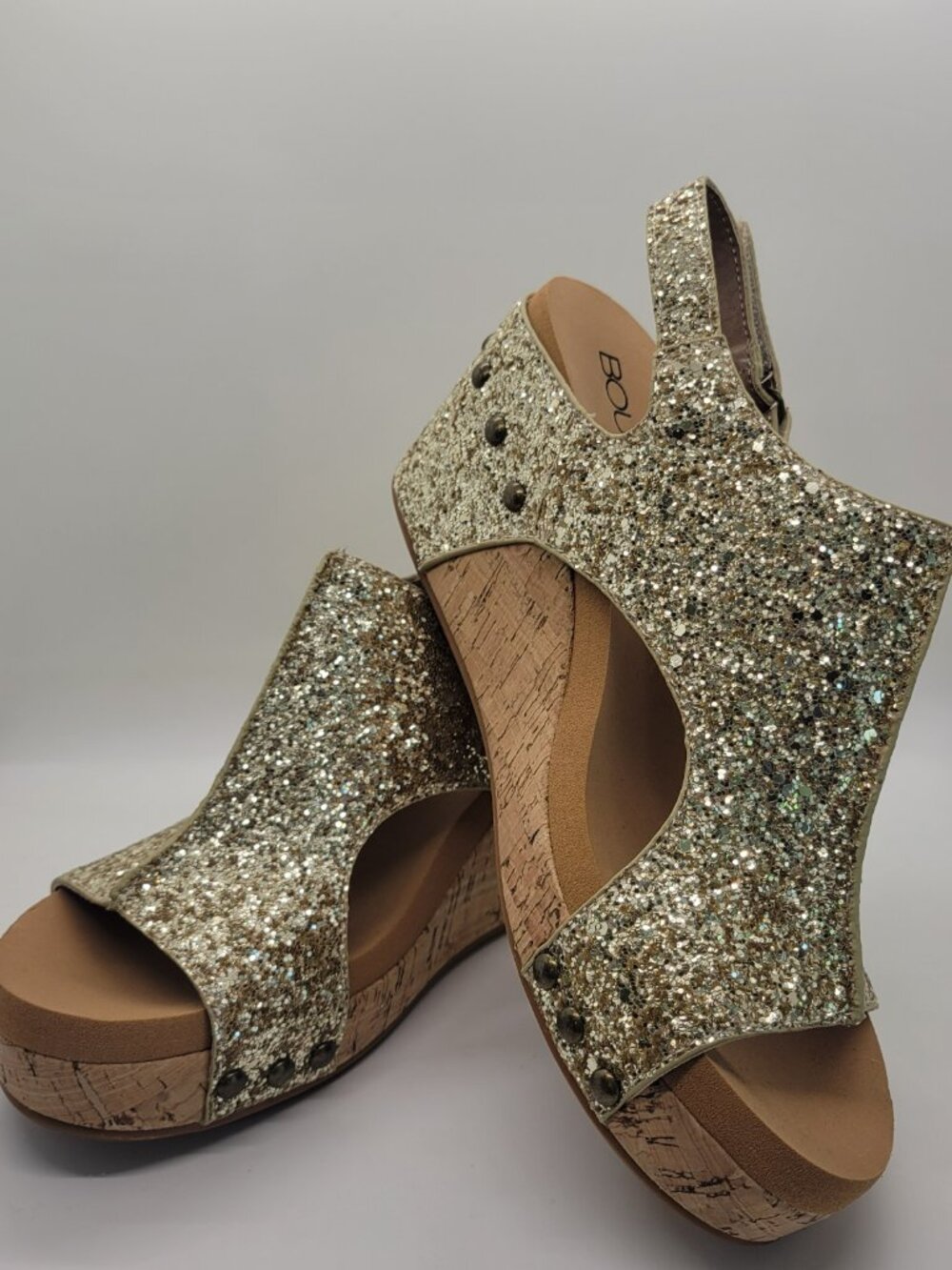 Corkys Carley Women 7 Gold Glitter Wedge Sandals Studded Platform Espadrille - Picture 13 of 14